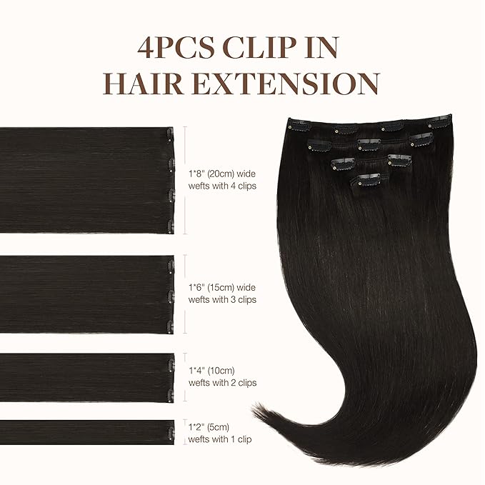GOO GOO Clip in Hair Extensions Real Human Hair, Remy Human Hair Extensions Clip ins for Women, Natural Human Hair, 16inch 65g 4Pcs, 2 Dark Brown