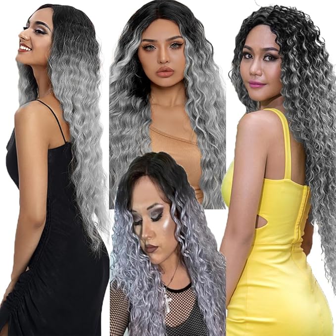 Grey Bundles Human Hair Ombre Deep Wave Bundle Brazilian Virgin Soft and Silky Remy Hair 3 Bundles 26 28 30 Inch Double Weft 2 Tone Black and Silver Deep Wave Bundle 300g