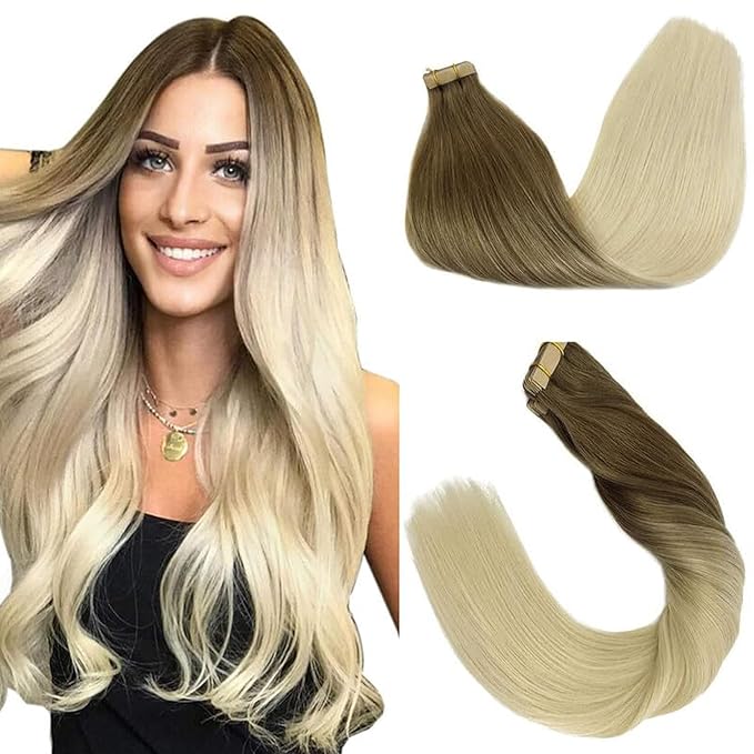 GOO GOO Tape in Hair Extensions Human Hair, 9/60 Balayage Ash Brown to Platinum Blonde, 20inch 50g 20pcs, Skin Weft Seamless Invisible, Silky Straight with Thick Ends, Remy Human Hair