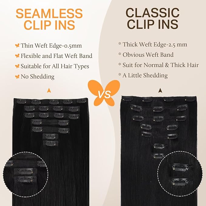 DOORES Seamless Clip in Hair Extensions Real Human Hair, Jet Black 120g 7pcs 24 Inch, Hair Extensions Clip in Human Hair Extensions Clip ins with Skin Weft Remy Straight Hair