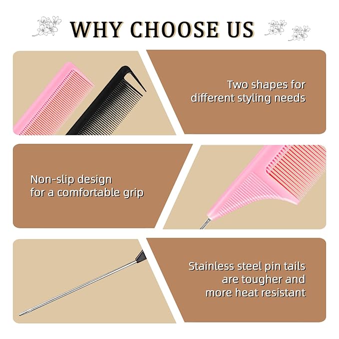 Metal Rat Tail Combs Set for Parting, Fine Tooth Teasing Comb with Metal Pin Tail for Styling and Hair Cutting, 4 Pack Parting Combs for Braiding Hair, Steel Pin Tail Teasing Combs