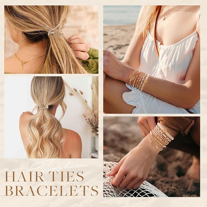 10 Boho Bracelets, Braided & Stretch Hair Ties for Thick/Thin Hair, 5 Styles, Light Coffee Colors - No Damage Ponytail Holders