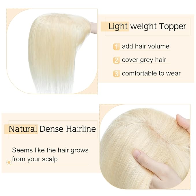 SEGO Hair Toppers for Women Real Human Hair With Bangs, 7 * 13CM Silk Base 100% Remy Human Hair Clip in Top Wiglet Hairpieces Add Volume -16 Inch Platinum Blonde
