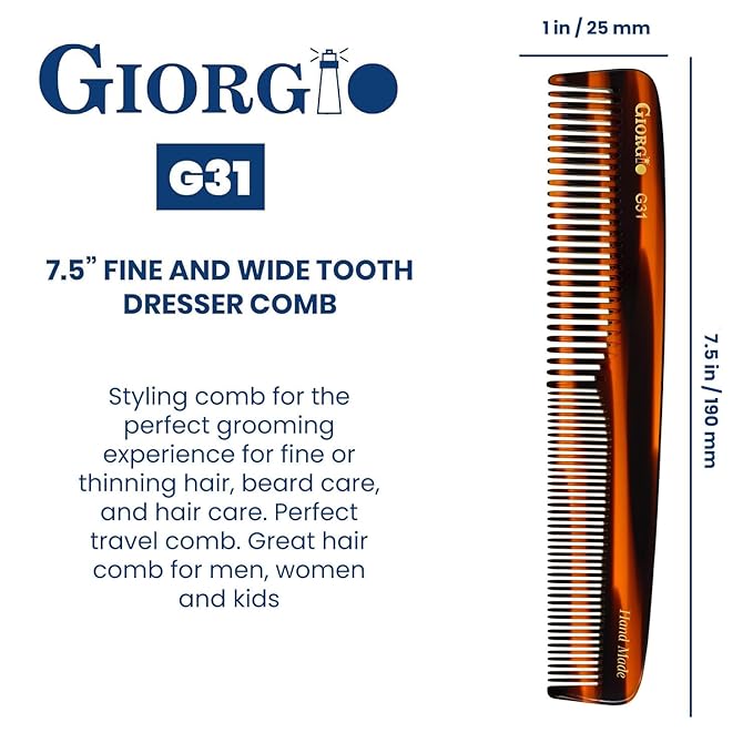 Giorgio G31 Fine Tooth and Wide Tooth Hair Comb, Styling Comb, Grooming Hair Combs for Women, Mens Beard Care Combs for Detangling and Styling - Handmade Saw-Cut and Hand Polished (TortoiseShell)