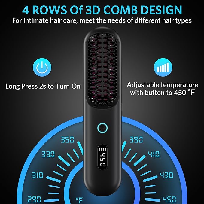Cordless Hair Straightener Brush – Portable Ionic Hot Comb with 65W Fast Charger, Mini Travel Hair Straightening Brush for Women, Lightweight for Home Or On-The-Go Styling (Black)