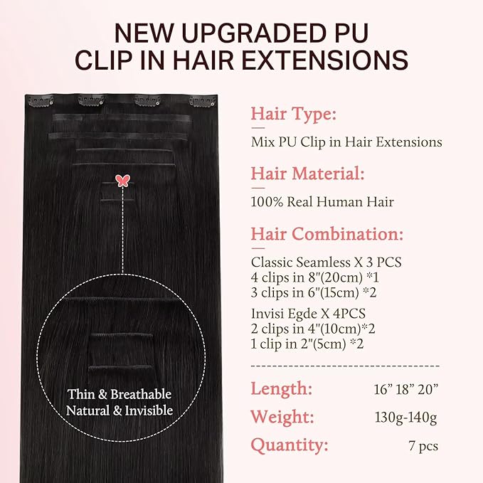 DOORES Clip in Hair Extensions Set 20 Inch 140g, 4pcs Invisi Edge Clip ins and 3pcs Classic Seamless Clip ins, Injected Virgin Real Human Hair Extensions Natural Invisible Straight, #1B