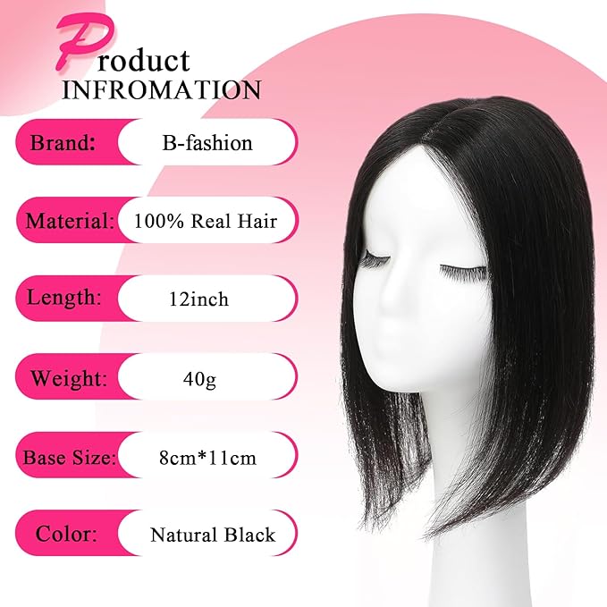 Hair Toppers for Women Real Human Hair Topper Upgrade Swiss Lace Middle Part Clip in Bangs Remy Human Hair Straight Hairpieces for Thinning Realistic Scalp 360° Cover Gray Hairy Roots Black 1B
