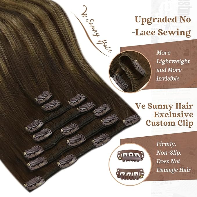 Ve Sunny Balayage Clip in Hair Extensions Human Hair Clip in Extensions Ombre Dark Brown Roots with Caramel Blonde Balayage Clip in Hair Extensions Real Human Hair 18inch 120g 7pcs