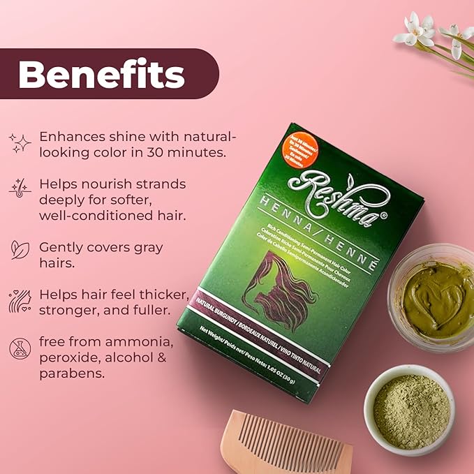 Reshma Beauty 30 Minute Henna Hair Color Infused with Organic Henna Lawsonia Inermis 100% Gray Coverage for Soft, Shiny Hair, Plant-Based Hair Dye—1.05 oz Pack of 1 (Burgundy)