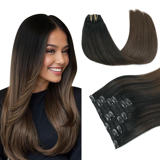 PINKPEARL Clip in Hair Extensions, 14 Inch 7pcs 120g #1BT4 Balayage Natural Black to Chocolate Brown, Hair Extensions Real Human Hair Clip Ins Natural Straight Hair for Women(#1BT4-14)