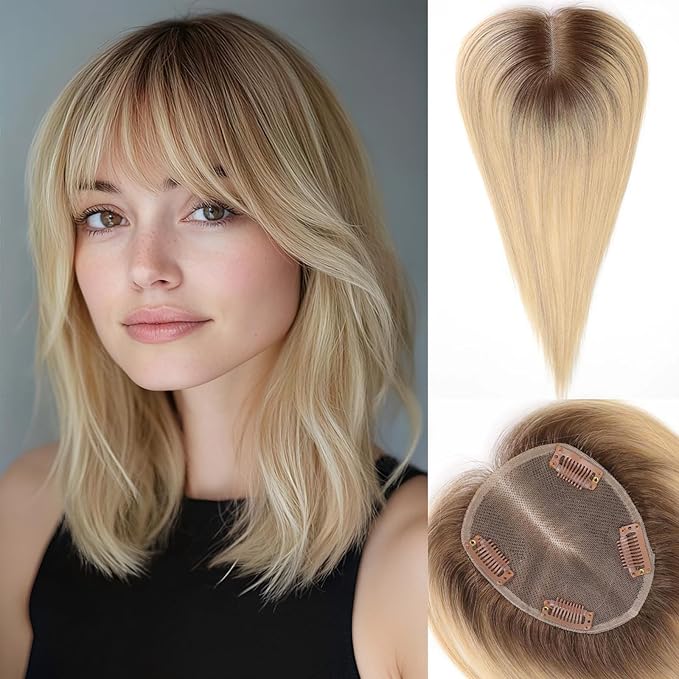 starluck Hair Toppers for Women Real Human Hair With Bangs, 100% Remy HumanHair Toppers for Women Hand-woven with Thinning,Cover Gray Roots,Adds Volume,Ombre Light Blonde