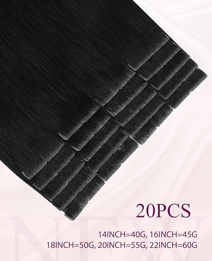 Pinkpearl Invisible Tape in Hair Extensions Human Hair, 20pcs 20inch 55g #1B Natural Black Injection Tape in Extensions Real Remy Straight Seamless Silky Human Hair Injected