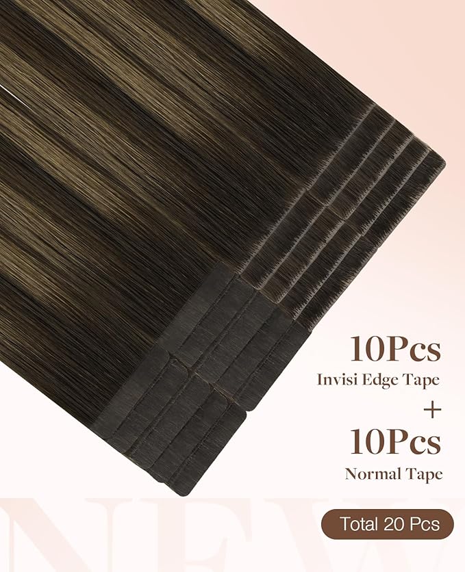 GOO GOO Invisi Edge Tape in Hair Extensions Human Hair, 2/6/2 Balayage Dark Brown to Chestnut Brown 10pcs injected with 10pcs classical tape ins, 14inch 50g, Virgin Remy Hair, Natural Look