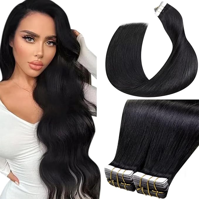 LaaVoo Tape in Hair Extensions Black Tape on Extensions Real Human Hair 22Inch Tape ins Human Hair Extensions Jet Black 100g 40pcs