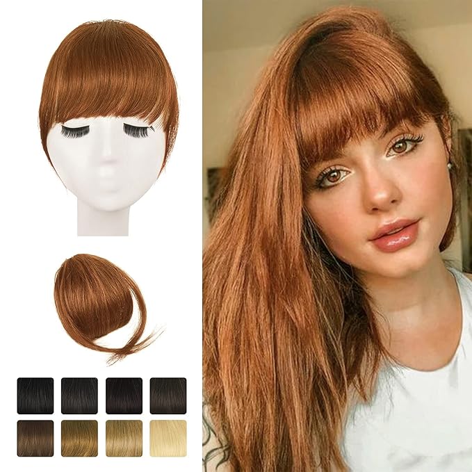 BARSDAR Real Human Hair Clip in Bangs - Human Hair Clip in Bangs for Women - Auburn Thick Bangs Extensions Fringe with Temples Dyeable Real Hair Bangs Hairpieces - Medium Auburn