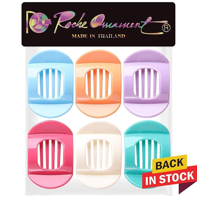 RC ROCHE 6 Pcs Flat Claw Hair Clips for Women Thick Hair French Round Duckbill Square Secure Strong Hold Grip Clamps Barrettes Curved No Slip No Crease Plastic Styling Cute, Medium Pastel