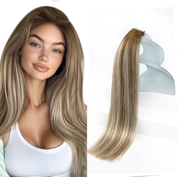 Sunny Hair Tape in Hair Extensions Medium Brown Balayage Blonde Tape in Hair Extensions Human Hair, 14 inch Remy Hair Extensions Tape in 20Pcs 50g