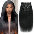 Kinky Straight Clip in Hair Extensions 24 Inch Human Hair Yaki Straight Clip ins Seamless Remy Human Hair Clip in Extensions for Women Natural Black 8Pcs 100g 20 Clips