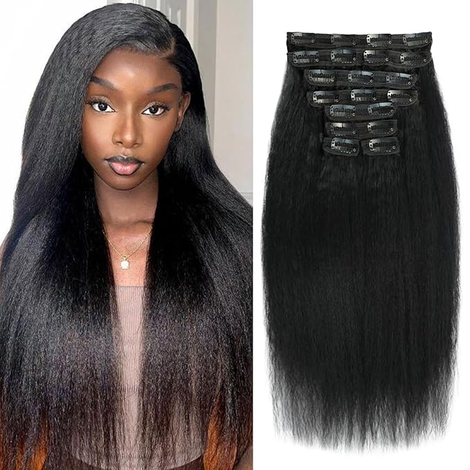 Kinky Straight Clip in Hair Extensions 24 Inch Human Hair Yaki Straight Clip ins Seamless Remy Human Hair Clip in Extensions for Women Natural Black 8Pcs 100g 20 Clips