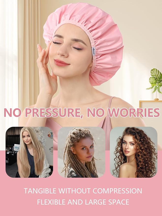 Years Calm Shower Caps For Women Reusable Waterproof，Pattern And Solid Color Dual-Layer Design For Dual-Layer Usable，Protects Hair In Shower, Spa, Cooking, Clean & Travel (Pink, One Size)