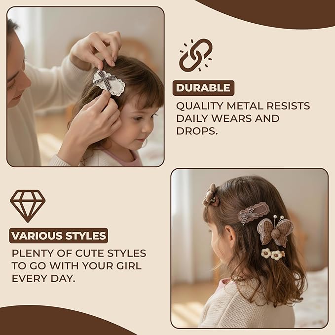 Hair Clips for Baby Girls-8 Pcs Beige Hair Accessories with Knitted Flower, Bow, Butterfly Designs-Soft Wool and Crochet Hairpins-Non-Slip Barrettes for Daily and Occasional Wear (Design 1-8pc Set)