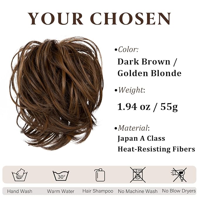 SARLA Messy Hair Bun Hair Pieces Curly Synthetic Updo Fake Scrunchies Ponytail Extension for Women Dark Brown/Golden Blonde 1PCS