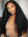 KLAIYI Water Wave 3 In 1 Flip Over 3/4 Half Wig Human Hair Curly Flip Over Seamless Blend Edges Glueless Wear and Go Drawstring Headband Clip In Wigs for Women Ready to Go Wig Beginner Friendly 16Inch