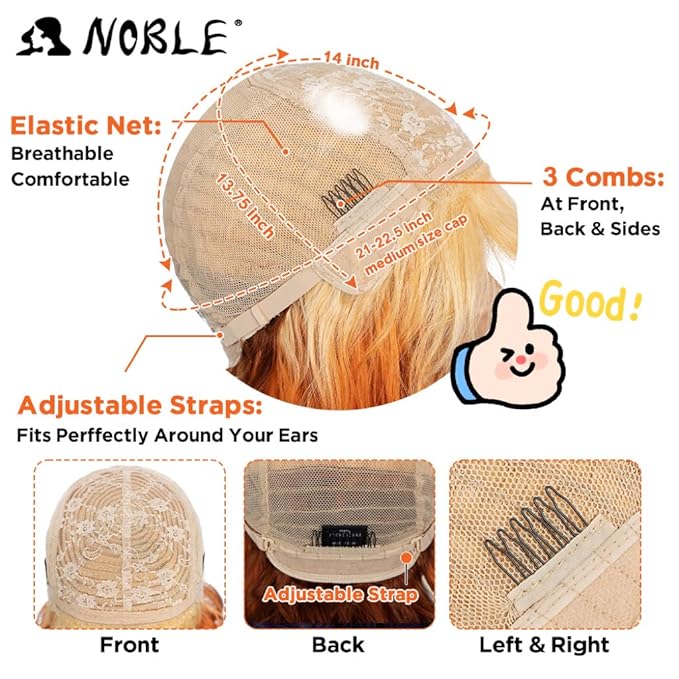 NOBLE Short Bob Wigs with Bangs for Women 3 Tone Ombre Color Synthetic Shoulder Length Curly Wavy Blonde to Orange to Ginger Wig Natural Looking Heat Resistant Colorful Daily Party Cosplay Bob Wigs.
