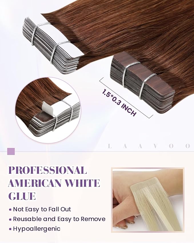 LaaVoo Tape in Extensions Human Hair Auburn Brown Hair Extensions Tape in Seamless Tape on Hair Extension Soft Hair 16inch 40pcs 100g