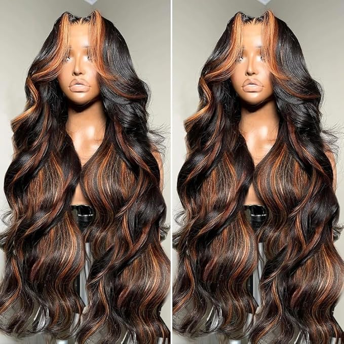 AMIRTY 32 Inch 9x6 Glueless Wigs Human Hair Pre Plucked pre cut Ombre Lace Front Wig Human Hair Wear and Go Glueless Wig 180% Density 1B/30 Highlight Body Wave Wig HD Colored Wigs