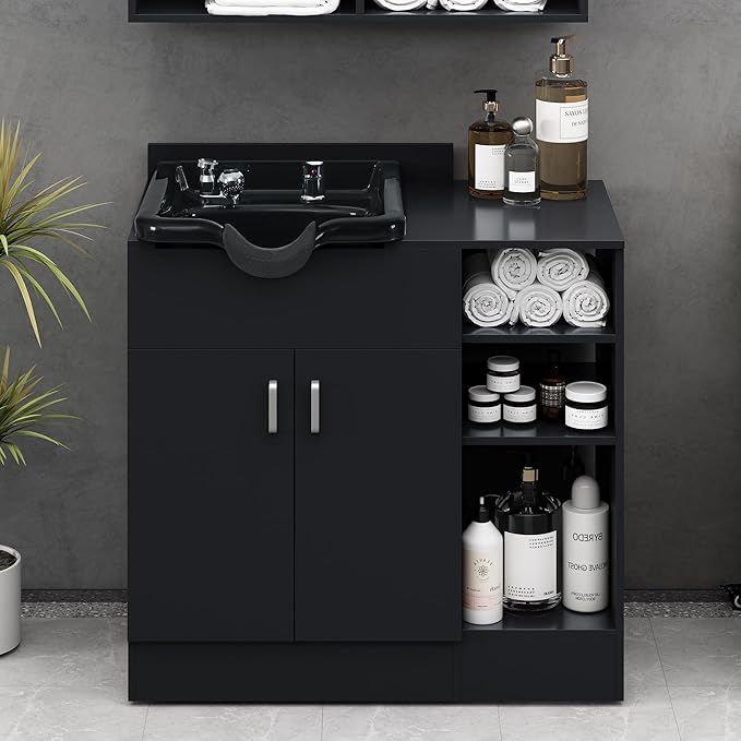 Shampoo Backwash Station for Salons,Salon Station with Shampoo Bowl & Storage Layer,Salon Equipment for Spa Beauty, Black