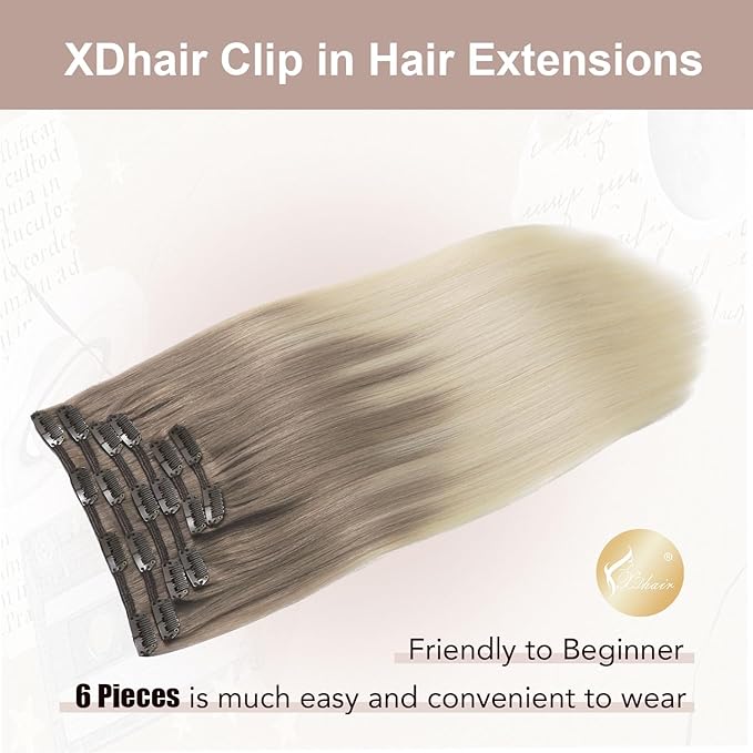 XDhair Clip in Hair Extensions Human Hair 100g 16 Inch Balayage Ash Brown to Platinum Blonde Clip in Hair Extensions 6pcs Straight Real Hair (16, #8T60)