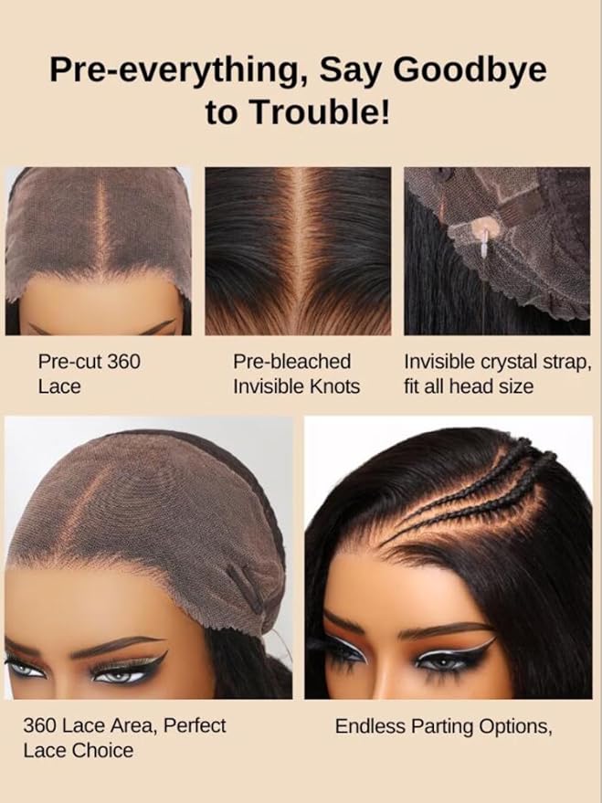 KLAIYI Water Wave Pre Cut 360 Full Lace Frontal Glueless Wig Human Hair Drawstring Pre Plucked Bleached Bye Bye Knots Pre Everything Ready to Wear And Go Curly Beginner Wig with Baby Hair 180% 20Inch