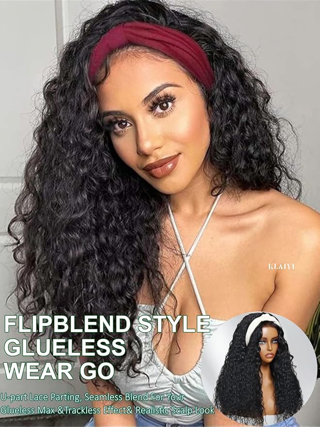 KLAIYI Water Wave 3 In 1 Flip Over 3/4 Half Wig Human Hair Curly Flip Over Seamless Blend Edges Glueless Wear and Go Drawstring Headband Clip In Wigs for Women Ready to Go Wig Beginner Friendly 24Inch