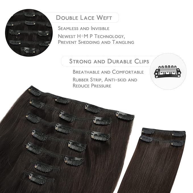 WENNALIFE Clip in Hair Extensions, 150g 24 Inch 9pcs Dark Brown Human Hair Extensions Thicker Clip in Hair Extensions Real Human Hair Clip Set Double Weft