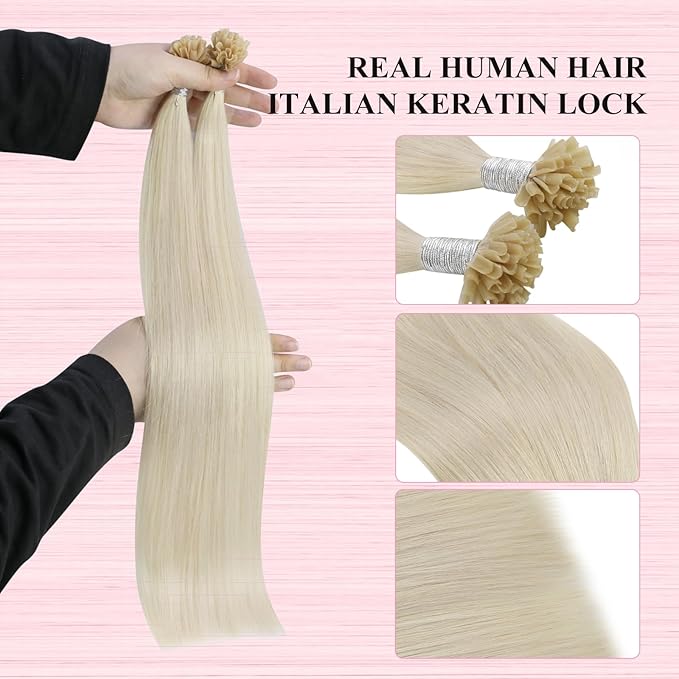 YoungSee U Tips Hair Extensions Human Hair Platinum Blonde Pre Bonded U Tip Blonde Hair Extensions Hot Fusion Real Hair Utip Extension Keratin Hair Extension Long Straight Add Length 22In 1G/S 50G
