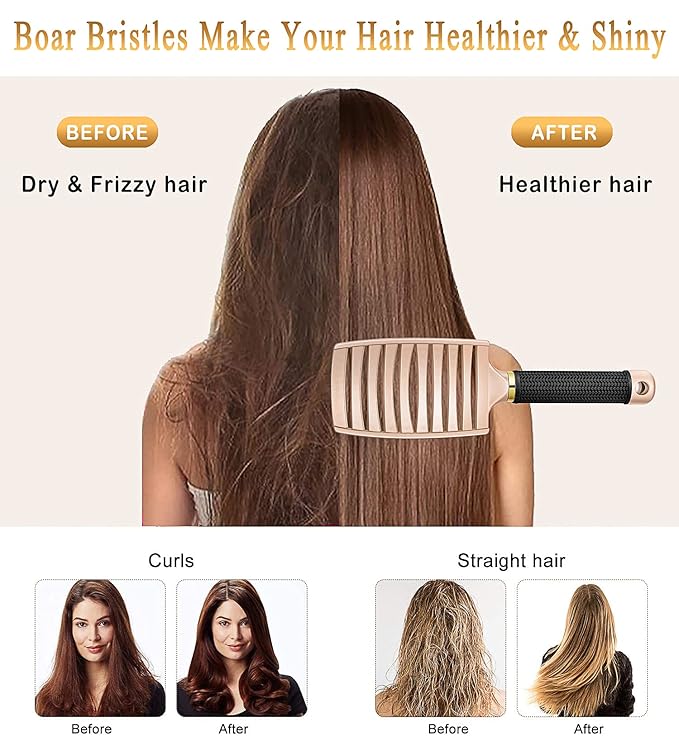 KTKUDY Detangling Brush Getting Knots Out without Pain - Boar Bristles HairBrush Make Hair Shiny & Healthier Vented Detangler Brush for Women Men Kids Wet and Dry Hair (Gold & Green)