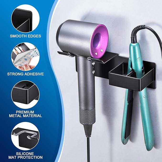 Hair Dryer Holder Wall Mounted, Hair Straightener Holder Metal, Adhesive Blow Dryer and Hair Straightener Holder, Bathroom Bedroom Hair Tool Organizer for Flat Iron,Curling Iron,Hairdryer