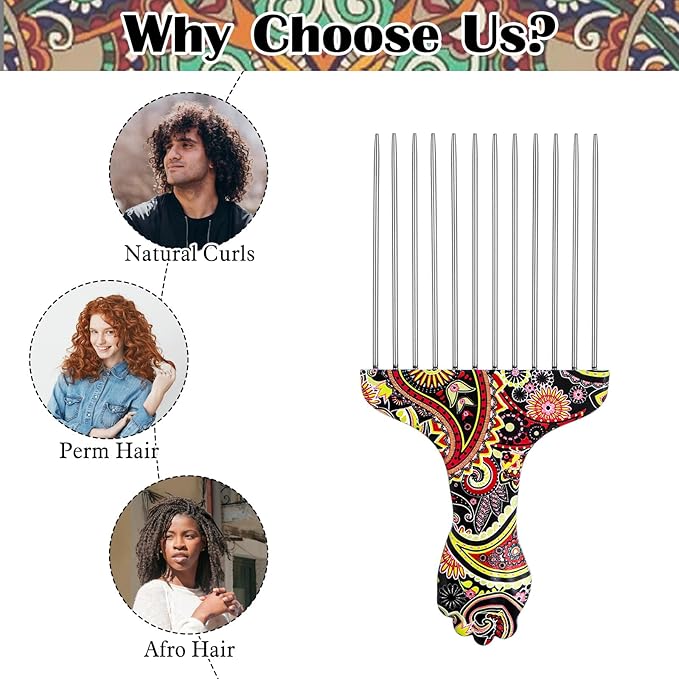 2 Pack Professional Stainless Steel Afro Pick Combs, Wide Tooth Metal Hair Picks for Curly Afro Braid Detangling Styling Women Men