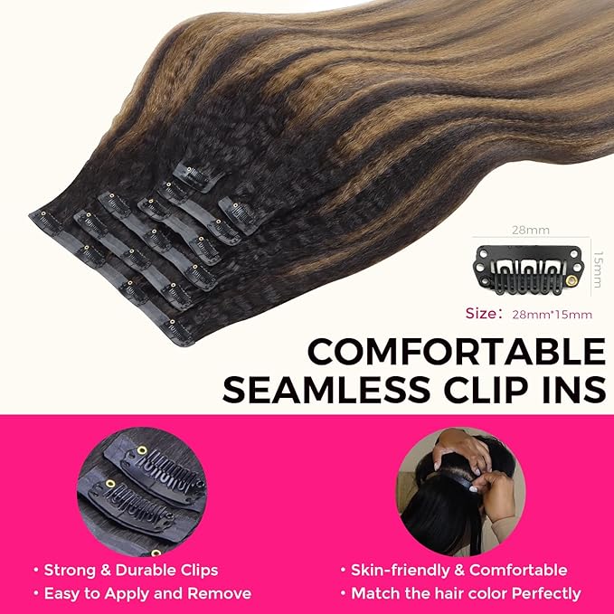 Lashey Seamless Clip in Hair Extensions Human Hair 110g 7pcs 18 Inch Kinky Straight Natural Black Mixed Chestnut Brown Hair Extensions Real Human Hair with Soft PU Invisible Edge