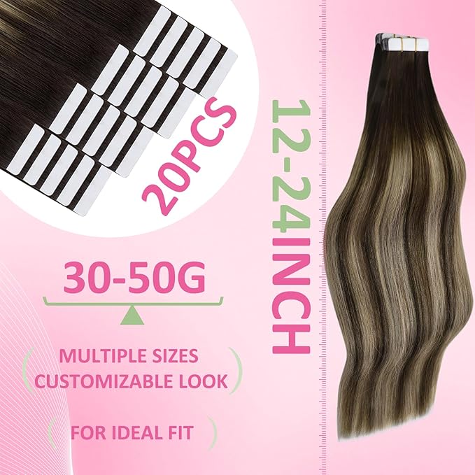 YoungSee Tape in Extensions Human Hair Balayage Tape ins Human Hair Extensions Balayage Dark Brown with Ash Blonde Tape in Hair Silky Straight 20 Inch 20pcs 50g Long-Lasting