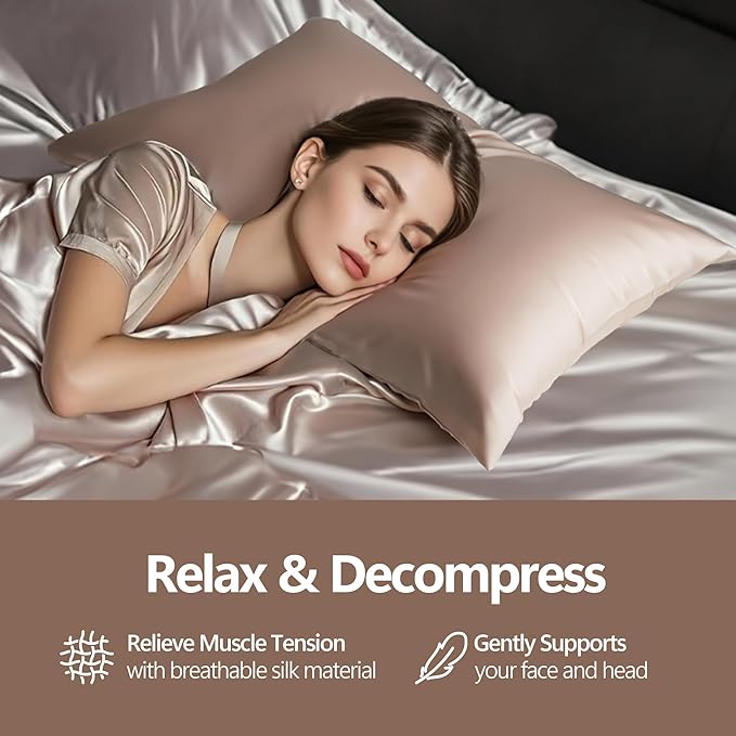 Set of 2 100% Silk Pillow Cases Queen - 6A Luxury Mulberry Silk Pillowcase for Hair and Skin - Anti-Wrinkle, Cooling & Smooth, Hidden Zipper - Pillowcases for Sleeping Women Girl, Boy, Beige