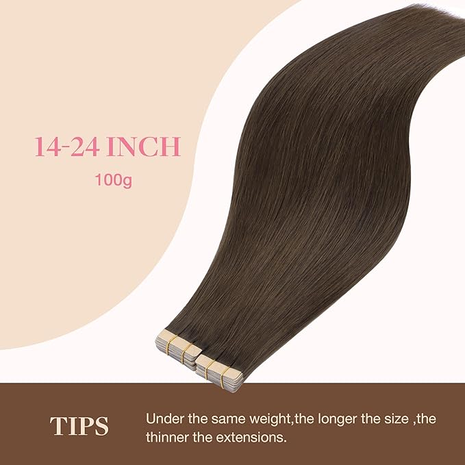 GOO GOO Tape in Hair Extensions Human Hair, 4A Chocolate Brown, 10inch 60g 40pcs, Skin Weft Seamless Invisible, Silky Straight with Thick Ends, Remy Human Hair