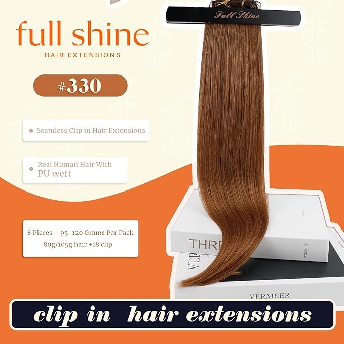 Full Shine Copper Brown Hair Extensions Copper Seamless Human Hair Clip in Extensions Auburn Brown Seamless Hair Extension Short for Women 12 Inch 95 G 8 PCS