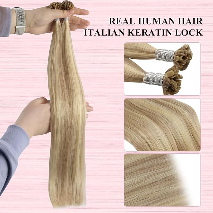 YoungSee U Tip Hair Extensions Human Hair Golden Blonde and Blond Highlight Hair Extensions Utips Hair Extension Real Human Hair Blond Ktip Hair Extension Natural Long Straight 22In 1G/S 50G