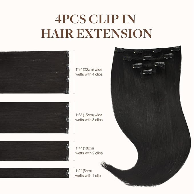 GOO GOO Clip in Hair Extensions Real Human Hair, Remy Human Hair Extensions Clip ins for Women, Natural Human Hair, 14inch 60g 4Pcs, 1B Natural black
