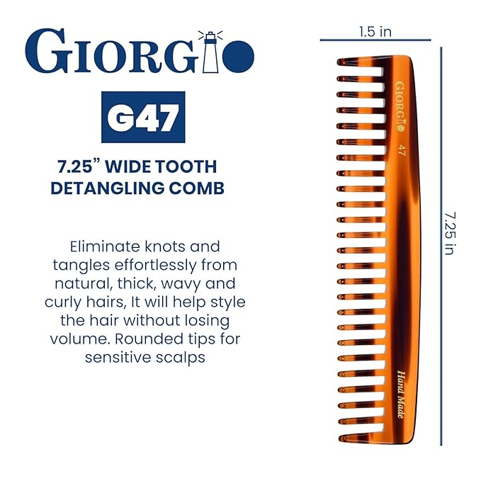 Giorgio G47 Large 6 Inch Detangling Comb, Wide Teeth for Thick Curly Wavy Hair. Long Hair Detangler Comb For Wet and Dry. Handmade of Quality Cellulose, Saw-Cut, Hand Polished, Tortoise Shell