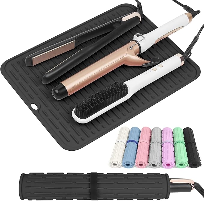 AMIJEAL Oversize Silicone Heat Resistant Mat for Hair Tools, Curling Iron Mat, Hot Tools Holder, Portable Flat Iron Hair Straightener Pad Cover for Travel Vanity Salon(14.2" x 11.0")