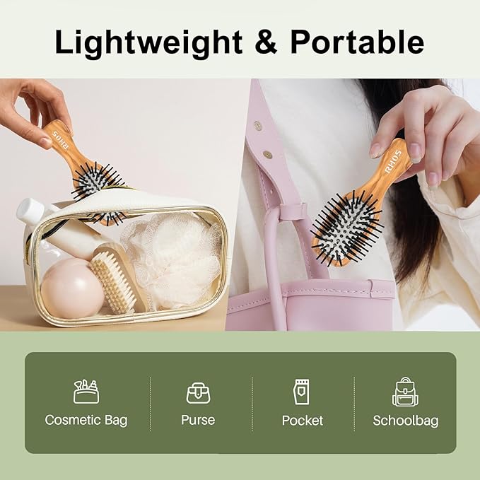 RHOS Mini Hair Brush for Women,Men and Kids-Travel Size Hair Brush for Purse,Pocket,backpack-Small Cushion Paddle Brush with Soft Bristles-Mini Detangler Brush for All Hair Types(1 Pack-Olive Wood)