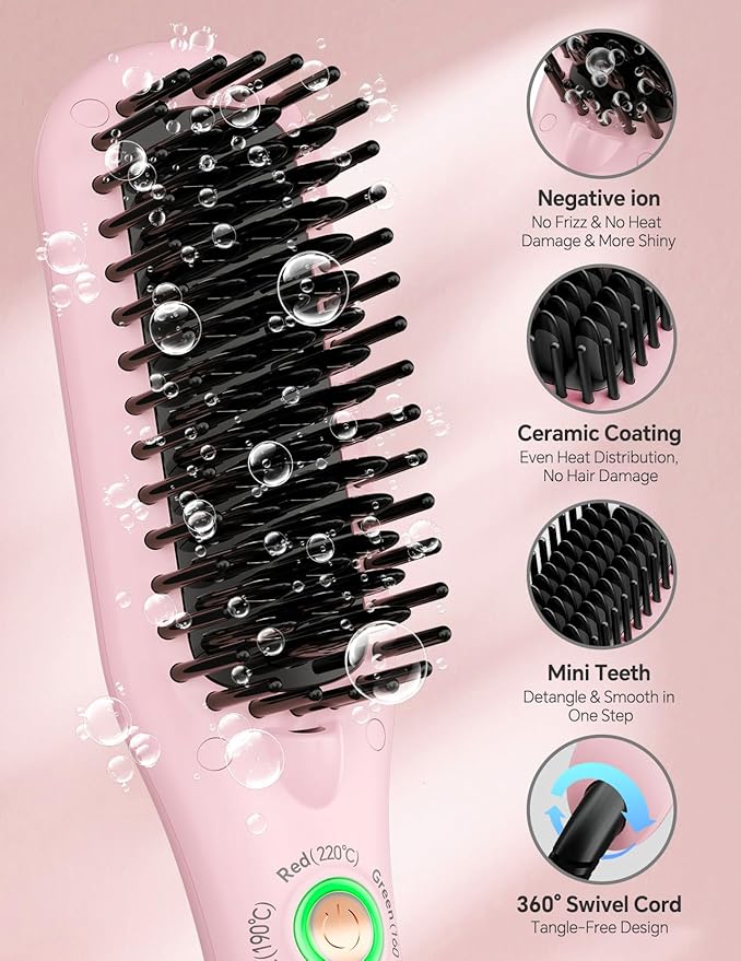 LANDOT Mini Hair Straightening Brush - Compact Heated Ionic Straightener Brush for Frizz-Free, Smooth Results, Lightweight Hot Comb & Travel Flat Iron Perfect for Short Medium Hair, Blush